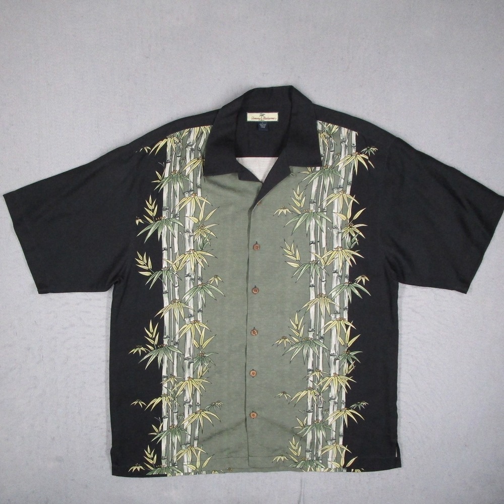 Tommy Bahama Mens Large Silk Bamboo Print Camp Shirt Green Loop Collar